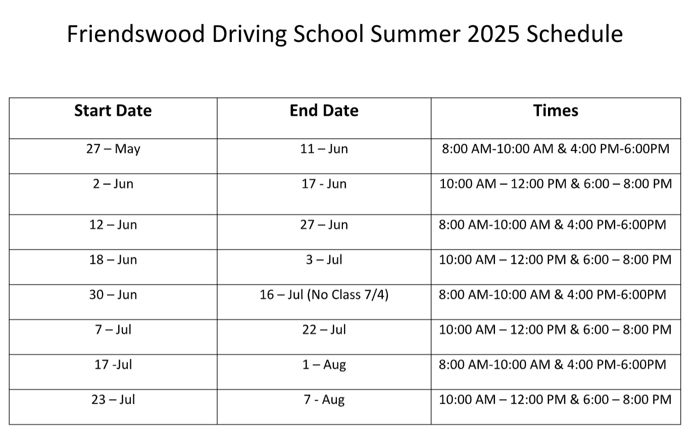 Summer 2025 driving Class schedule